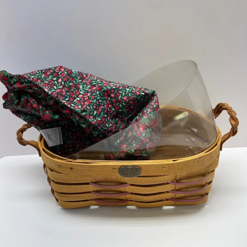 Peterboro Basket Co VTG Yuletide Berry Woven Wood Basket Leather Handle USA Made